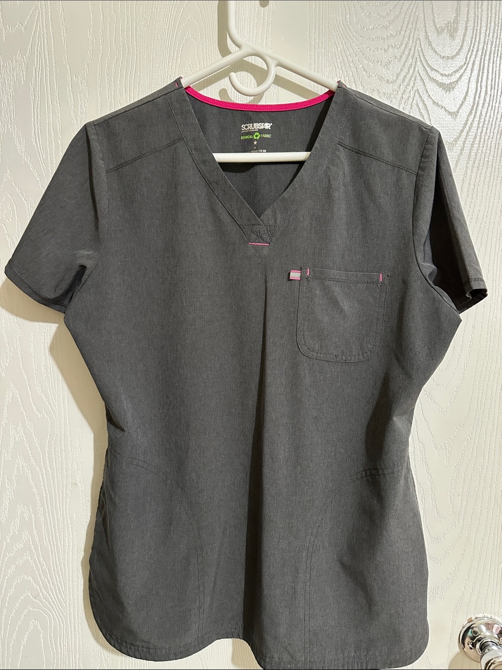 Scrubstar Women's Dark Gray V-Neck Scrub Top with Pink Accents